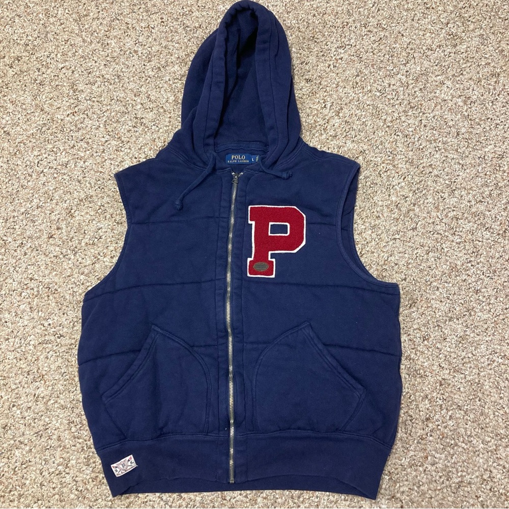 Polo Ralph Lauren Varsity football vest hoodie jacket rugby leather patch Sz LG
